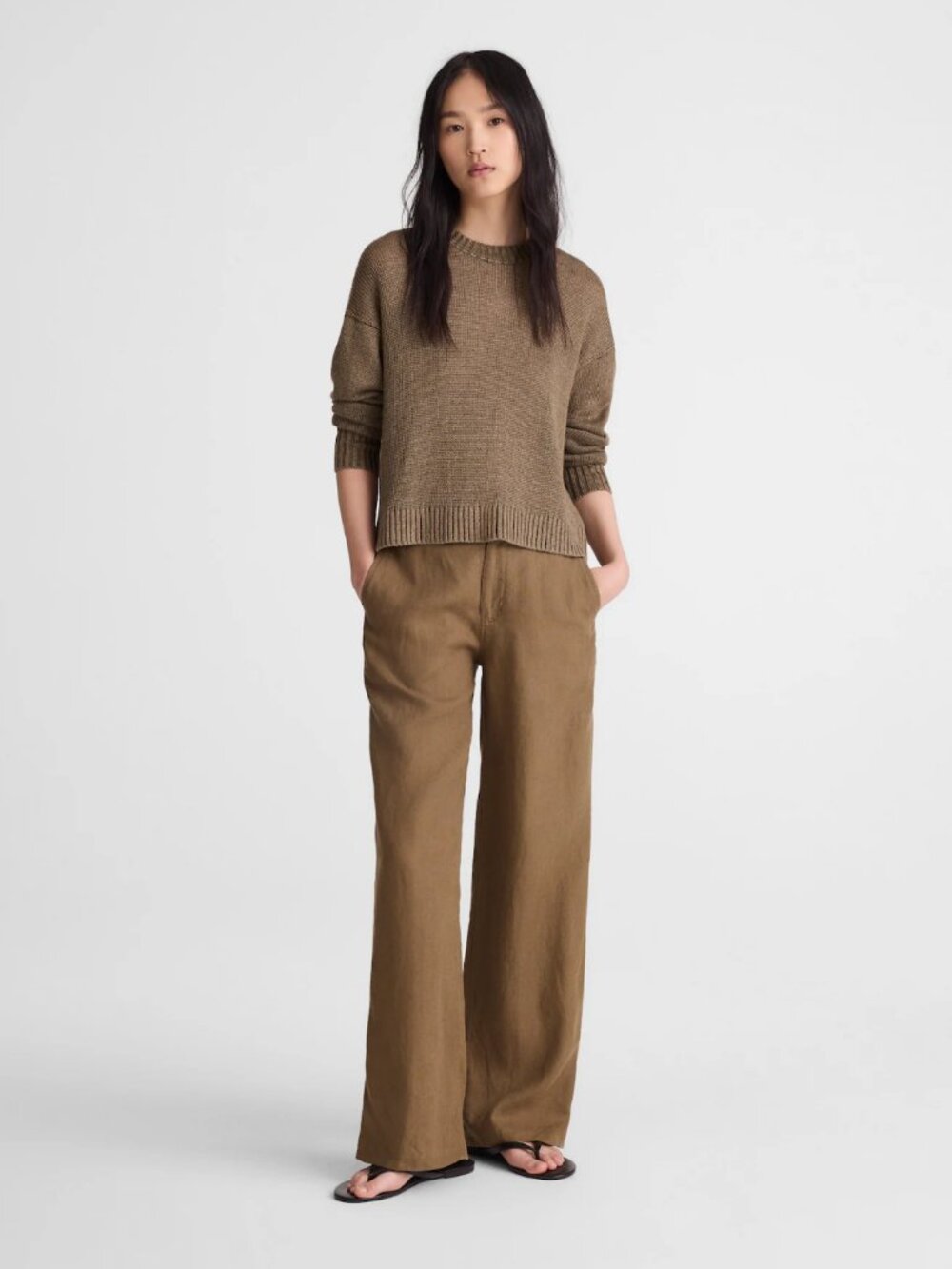 Madewell The Zoe Relaxed Straight Pant in 100% Linen Size 10 safari khaki